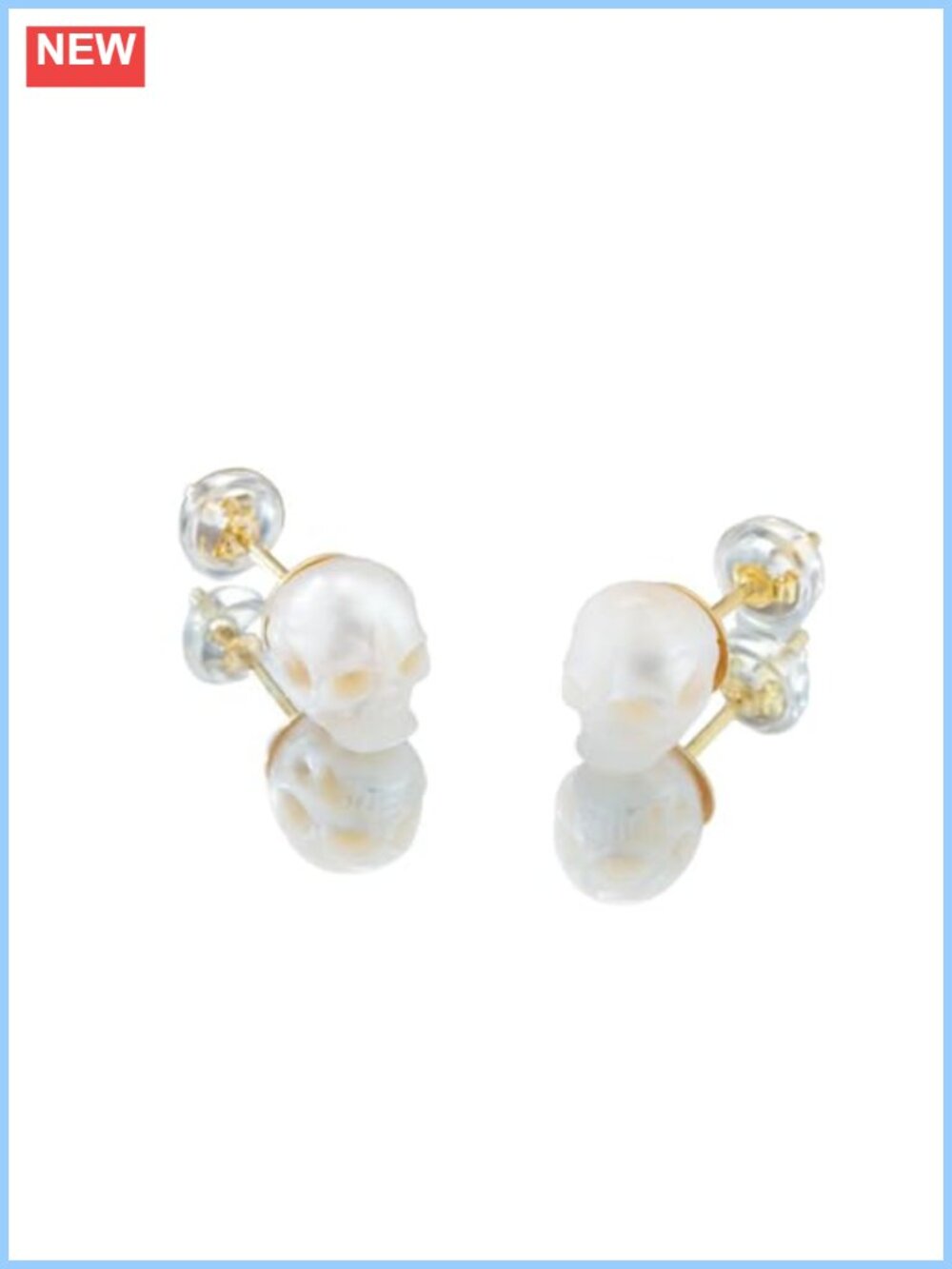 Handcarved Pearl Skull Stud Earrings Gold Plated 925 Sterling Silver